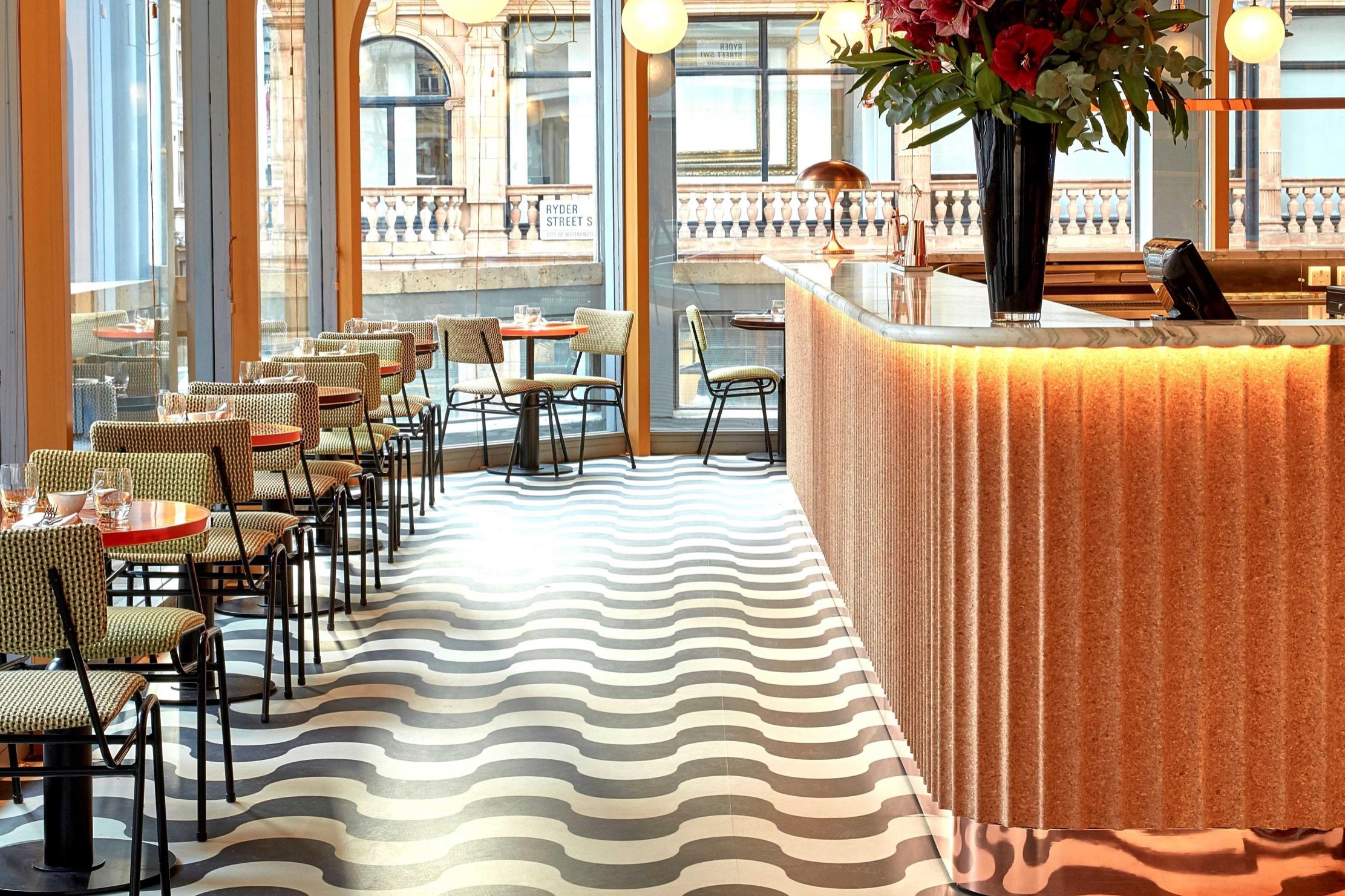 Movecho’s Spherical Armchair with curved indentation (top), coverdec.one’s 3D cork panels, Linea (middle) and Locket’s undulating bar (bottom). Photo: Rebecca Hope