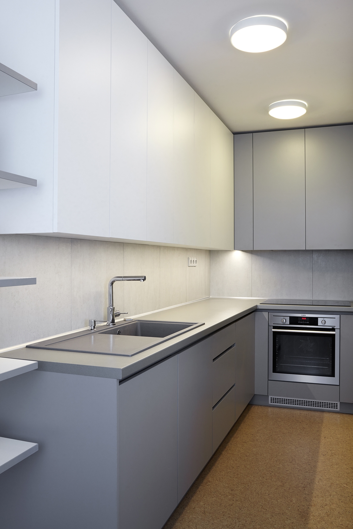 Formafatal’s Cork Apartment served the client’s request for cork with waterproof coin-shaped cork tiles in the bathroom (top), and soft flooring in the kitchen-diner (bottom). Photos: BoysPlayNice