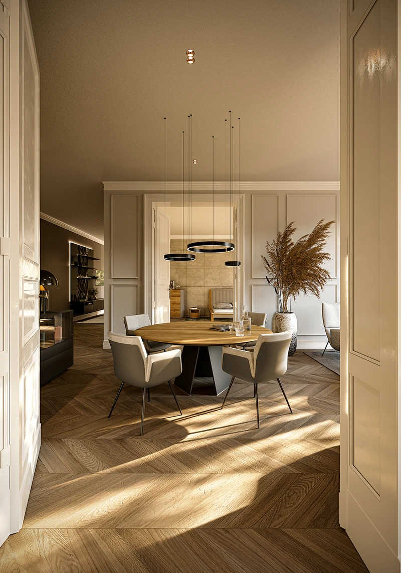 S 100 series: With its rounded wooden edge and steel frame, the shapely table blends in perfectly with the furniture collection and any design context