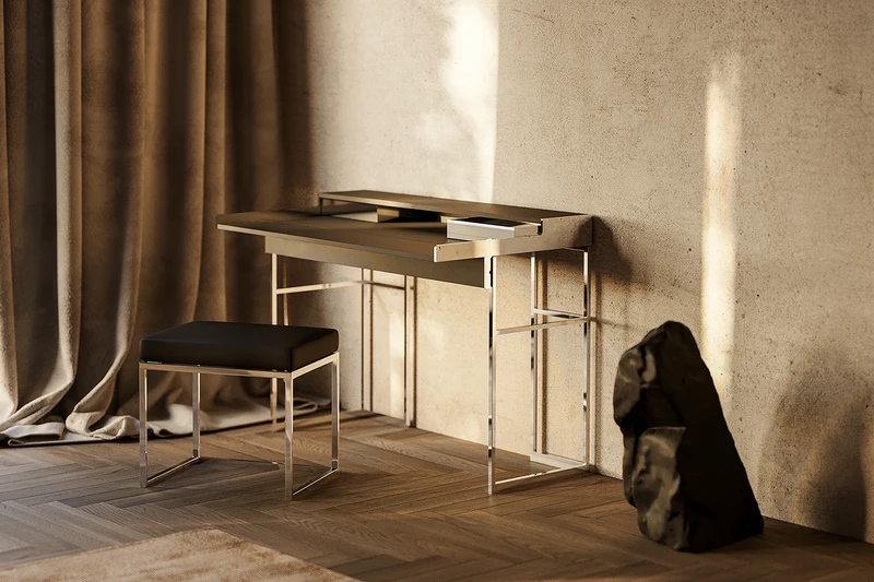 S Series Panel System: Its individuality and material mix make the wall installation of panels, shelves and integrated sideboard a real eye-catcher (above). Quick-change artist: The modernity and functionality of the Magic Desk are outstanding (below)