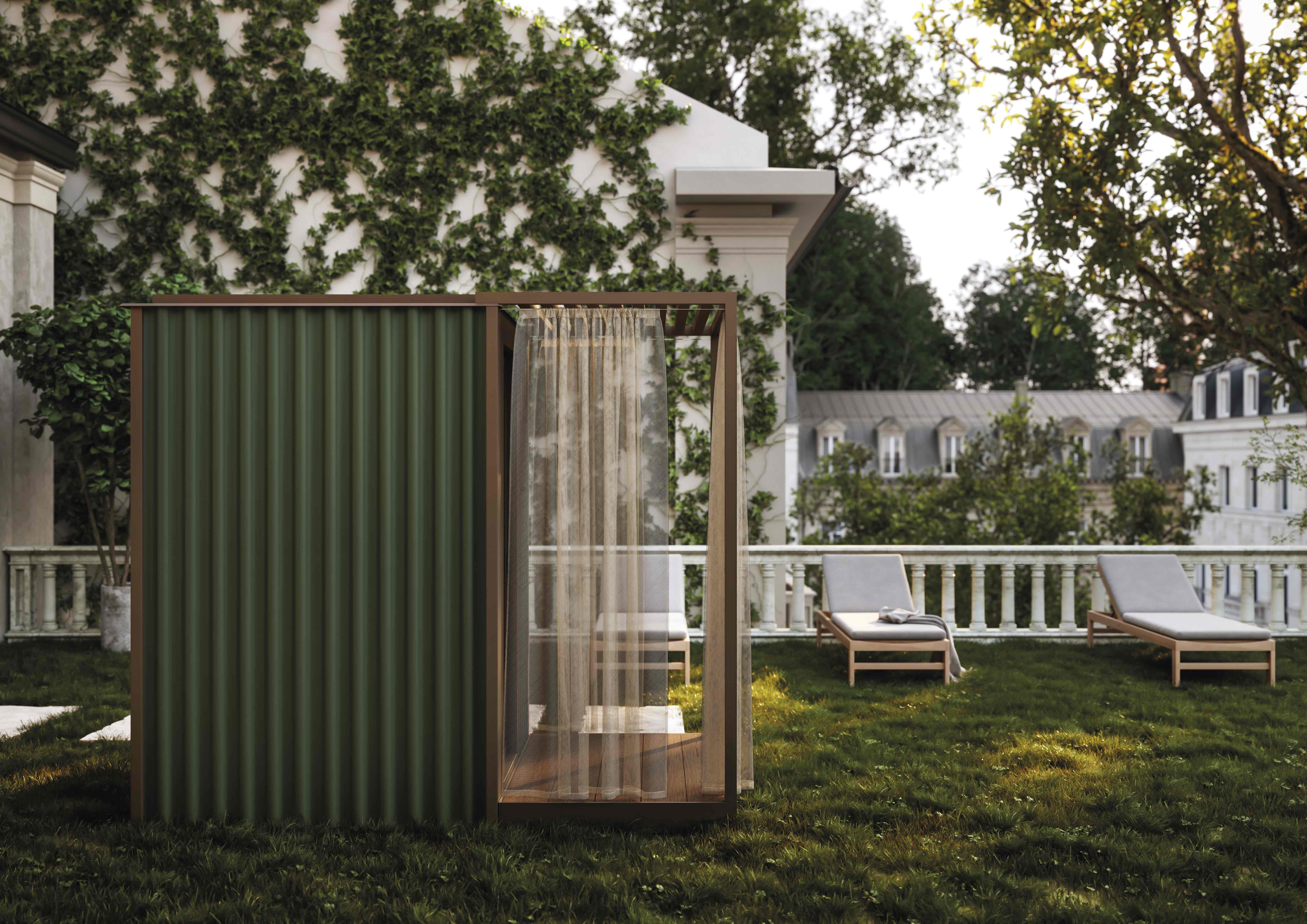 Cabanon, which comes in a garden and terrace version, features curtains in a technical fabric for privacy on the deck and pegs for hanging bathrobes. There is also a flexible hand-held shower hose
