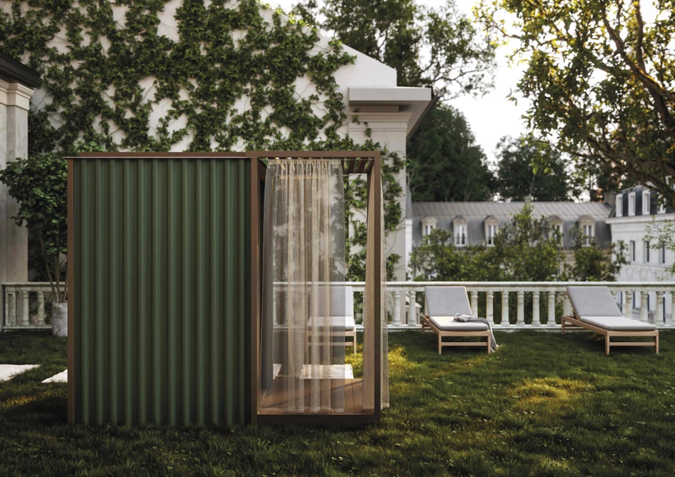 Cabanon, which comes in a garden and terrace version, features curtains in a technical fabric for privacy on the deck and pegs for hanging bathrobes. There is also a flexible hand-held shower hose