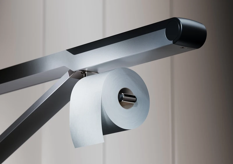 The fine structure of the plastic element ensures a secure grip when used for support. An integrated toilet paper holder and a Bluetooth WC flush actuator integrated into the handle are available as options