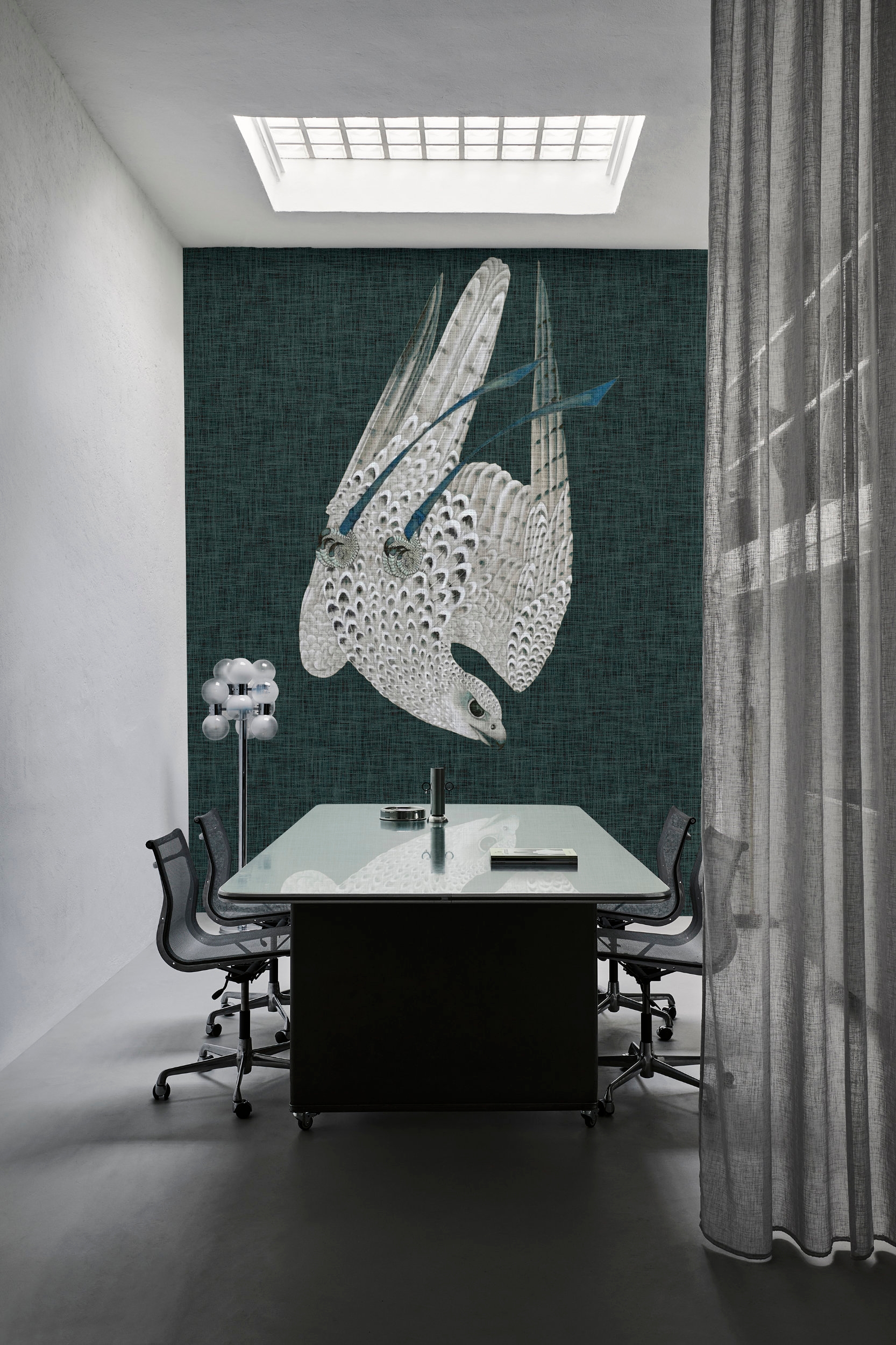 The ‘Hero’ wallpaper, designed by Lorenzo De Grandis for the Post Metaverse mood, brings elegant character and individuality to this office interior