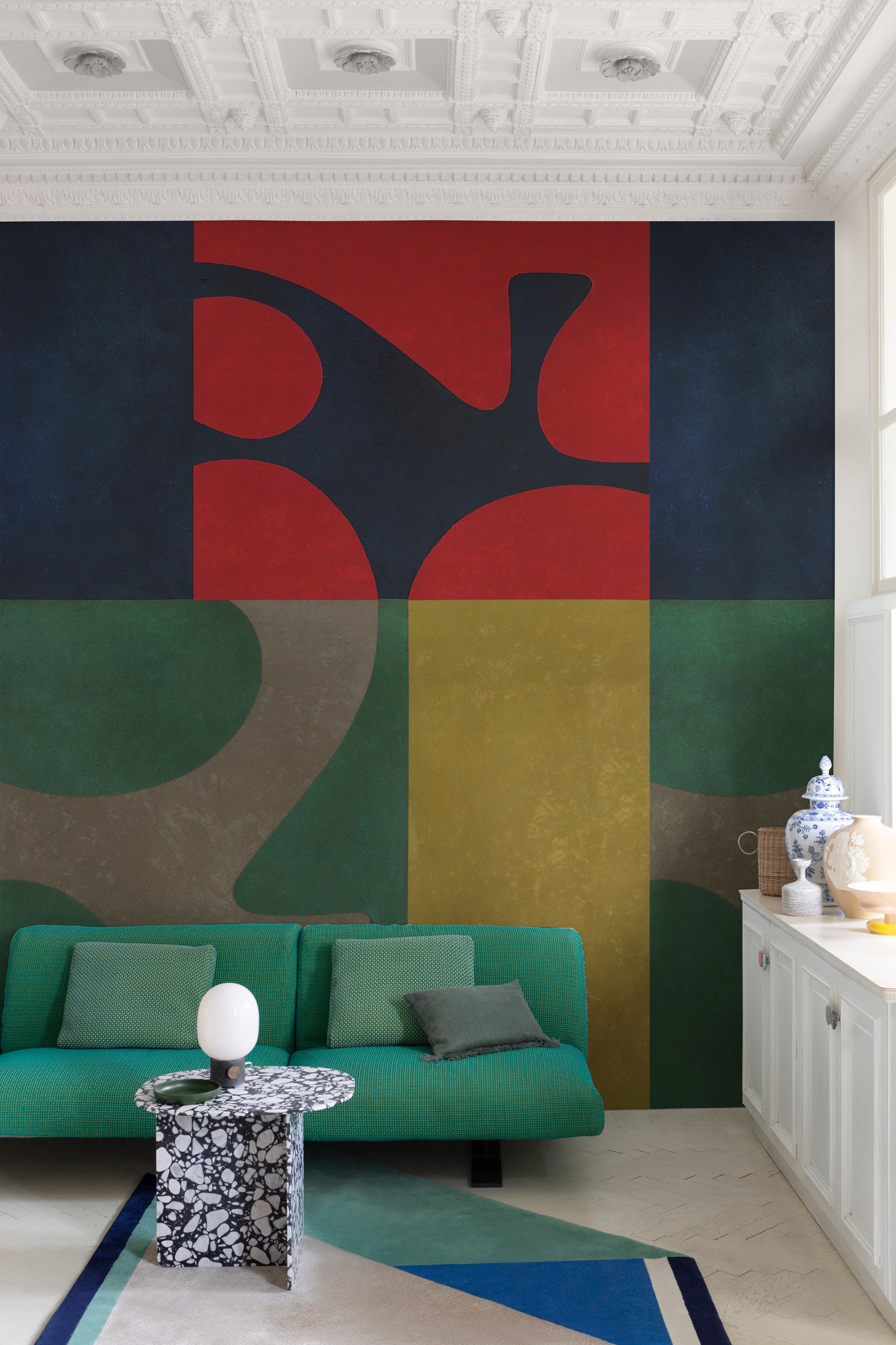 This bold modern living room features the ‘A sign in the water’ wallpaper designed by Antonella Guidi for the contemporary collection’s ‘Virtual Aesthetic’ mood