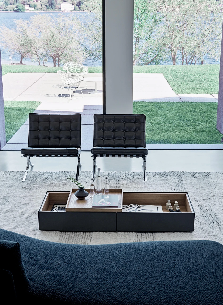 For extra storage, coffee tables with drawers such as Minotti’s Solid coffee table (top) or the Matic Storage Unit by Knoll International (bottom) can either hide unappealing clutter or lay open display objects