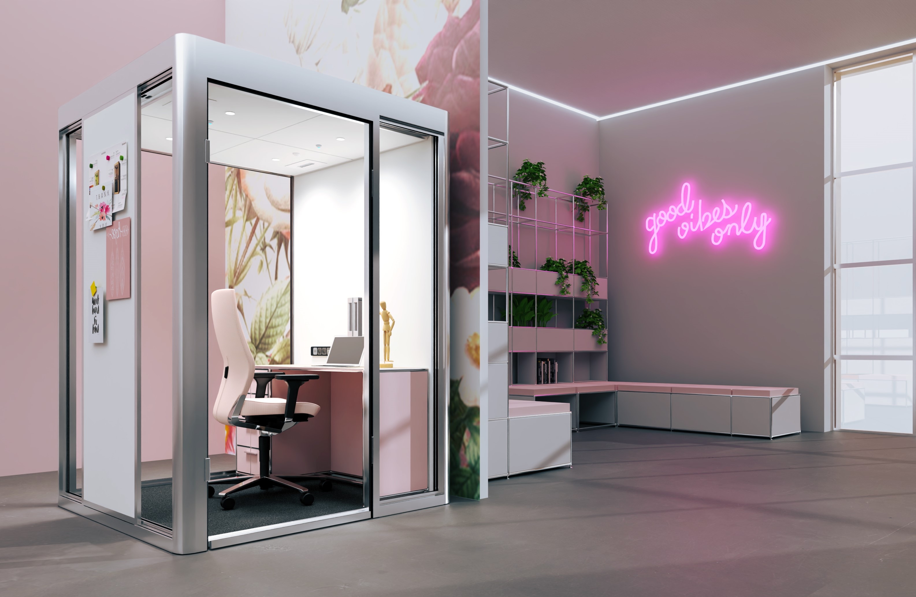 The Cube 4.0 Work is a temporary, flexible workplace for one to two people. In combination with the Bosse tubular support furniture system "Modul Space", important quiet zones for concentrated and creative work are created for employees