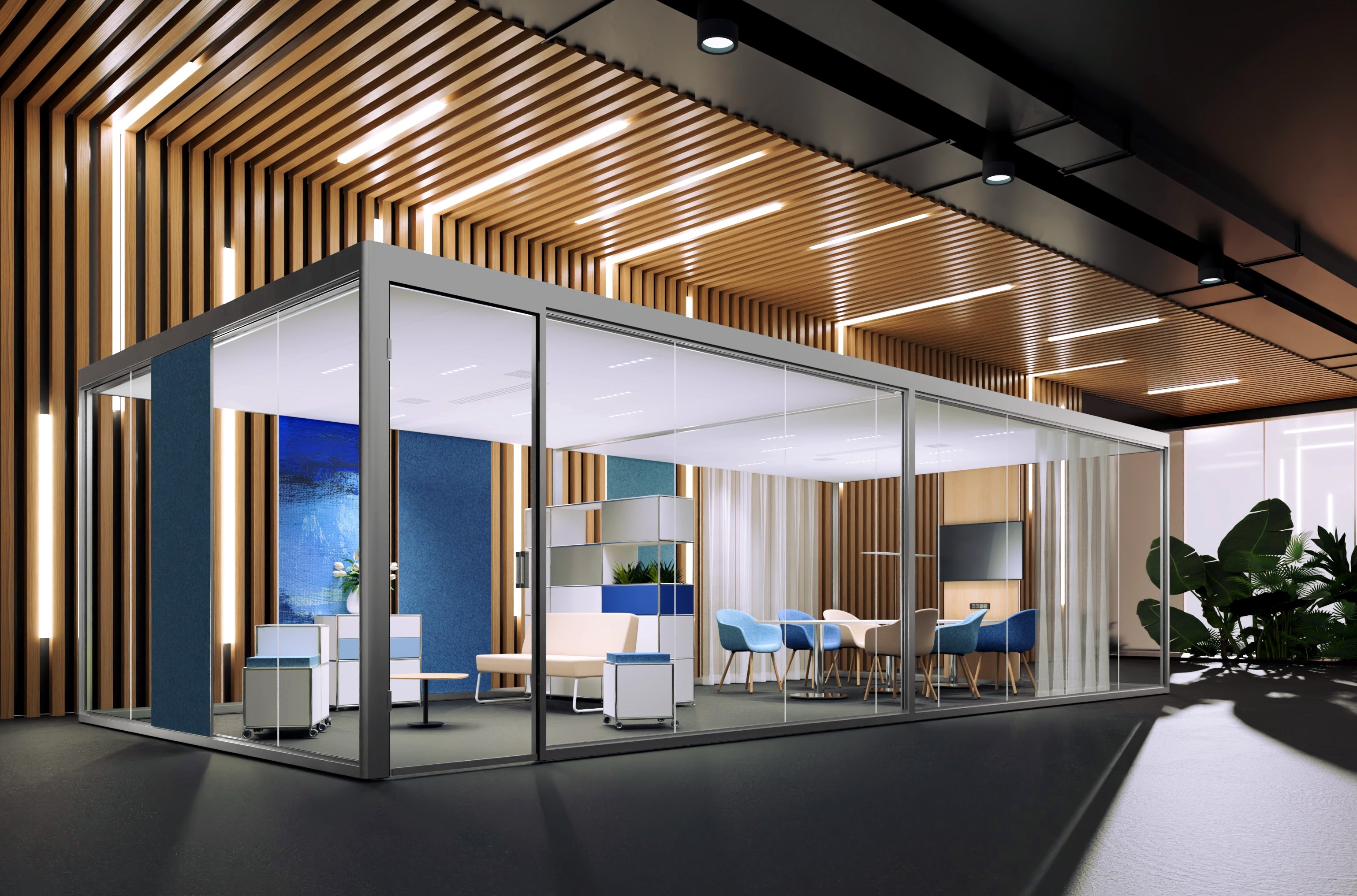 Room-in-room for more space: The cubes can be designed to be spacious and homely, creating oases of peace and relaxation as well as zones for undisturbed meetings
