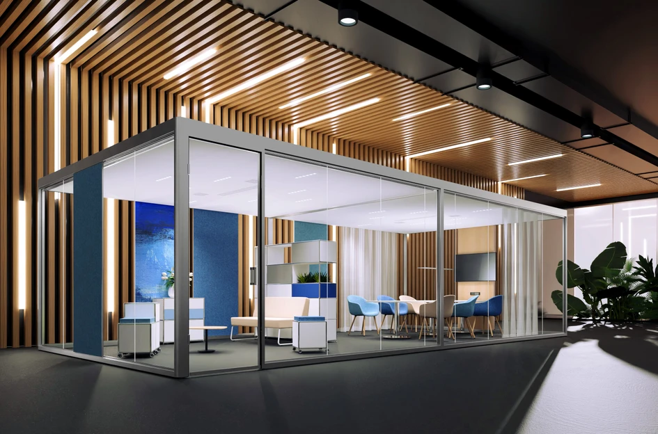 Room-in-room for more space: The cubes can be designed to be spacious and homely, creating oases of peace and relaxation as well as zones for undisturbed meetings