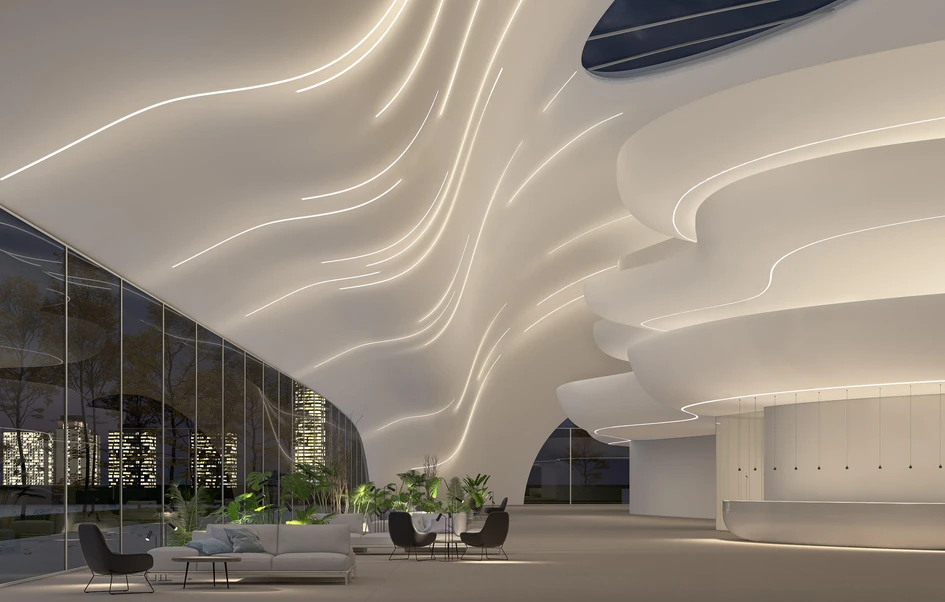 Gebogene Beleuchtung im Katinat Coffee Binh Phu (oben), die gerichtete Einbaulampe Liquid Line von Lightnet (Mitte) und das dreidimensionale Tracker-System von Intra Lighting (unten). Foto: Do Sy (oben)