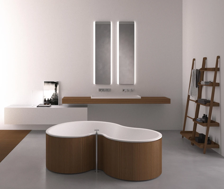 Die freistehende Badewanne Genova von Riluxa hat einen geschwungenen Rand, der Sie wie eine Welle umspült, während die DR-Badewanne von Agape mit ihren zwei rechtwinklig gebogenen Enden perfekt zum Teilen geeignet ist