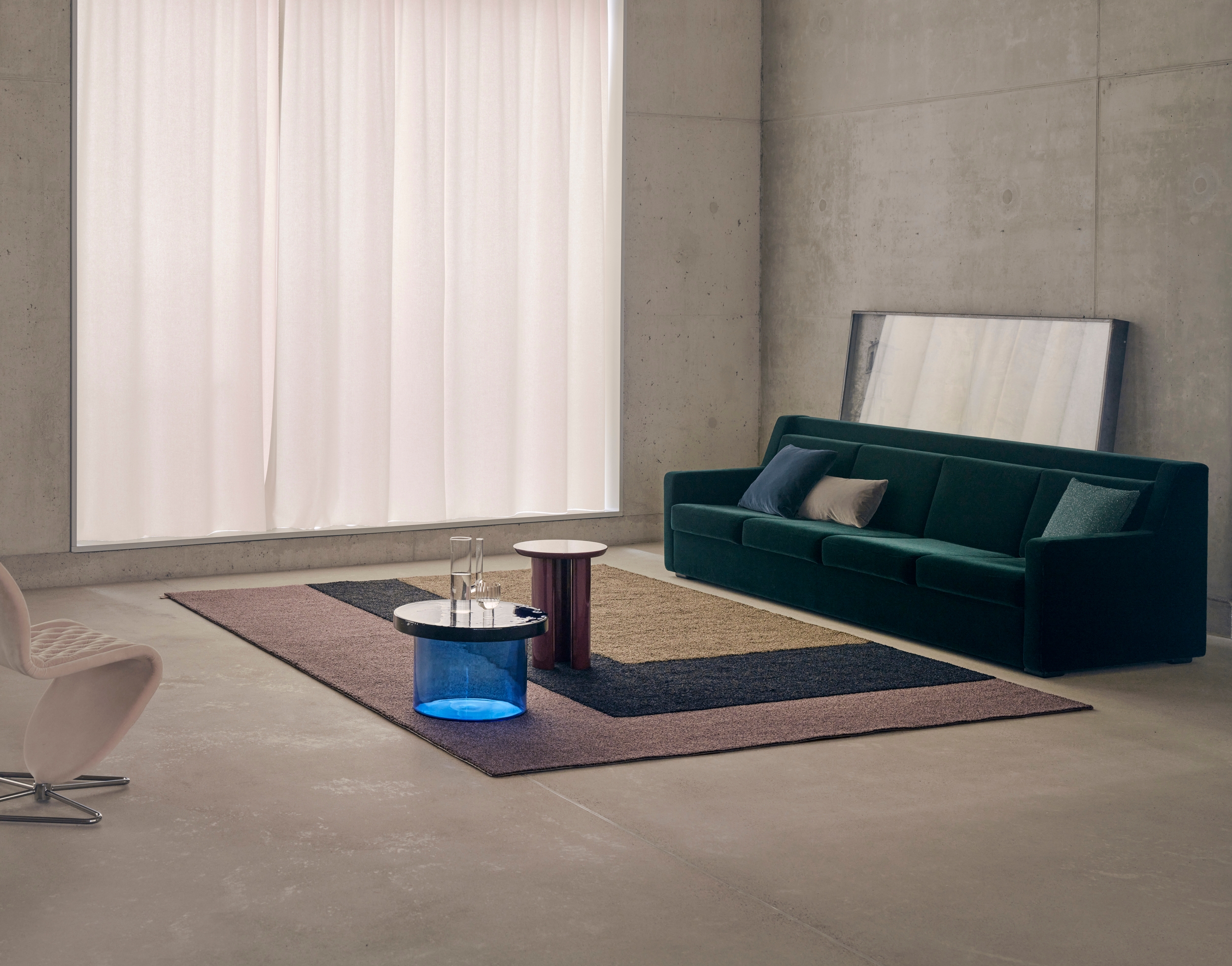 The Corner, Side and Centre rugs combine blocks of complementary colours in simple geometric arrangements that give them a contemporary feel