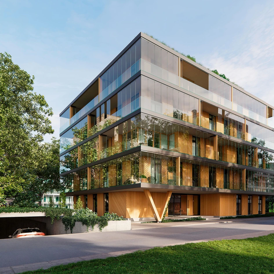 The transparent space in between: as this rendering shows, Proline T from Solarlux can completely surround buildings with glass surfaces, with modules unfolding variably to save space