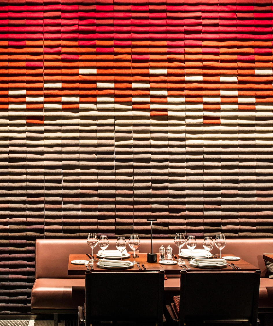 Studioart’s POP Leatherwall tiles (top), Pintark’s Marque Harlem hexagonal tiles at varying depths (middle) and the feature wall at Les Bains (bottom). Photos: Guillaume Grasset / Paul Raeside (bottom)