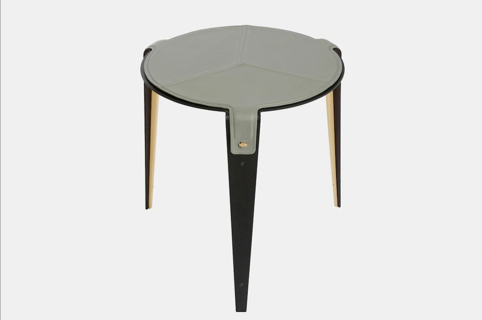 Micromoler’s Banquette bench (top), Formitalia’s Glam tables (middle) and Gabriel Scott’s Bardot tables (bottom) add leather accents to natural wood and luxurious black nickel and satin brass