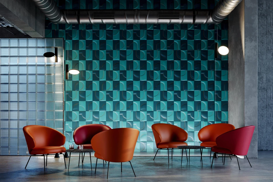 Studioart’s POP Leatherwall leather wall tiles combine City Atlantico and City Petrolio with contrast red stitching in a striking and quirky chessboard pattern