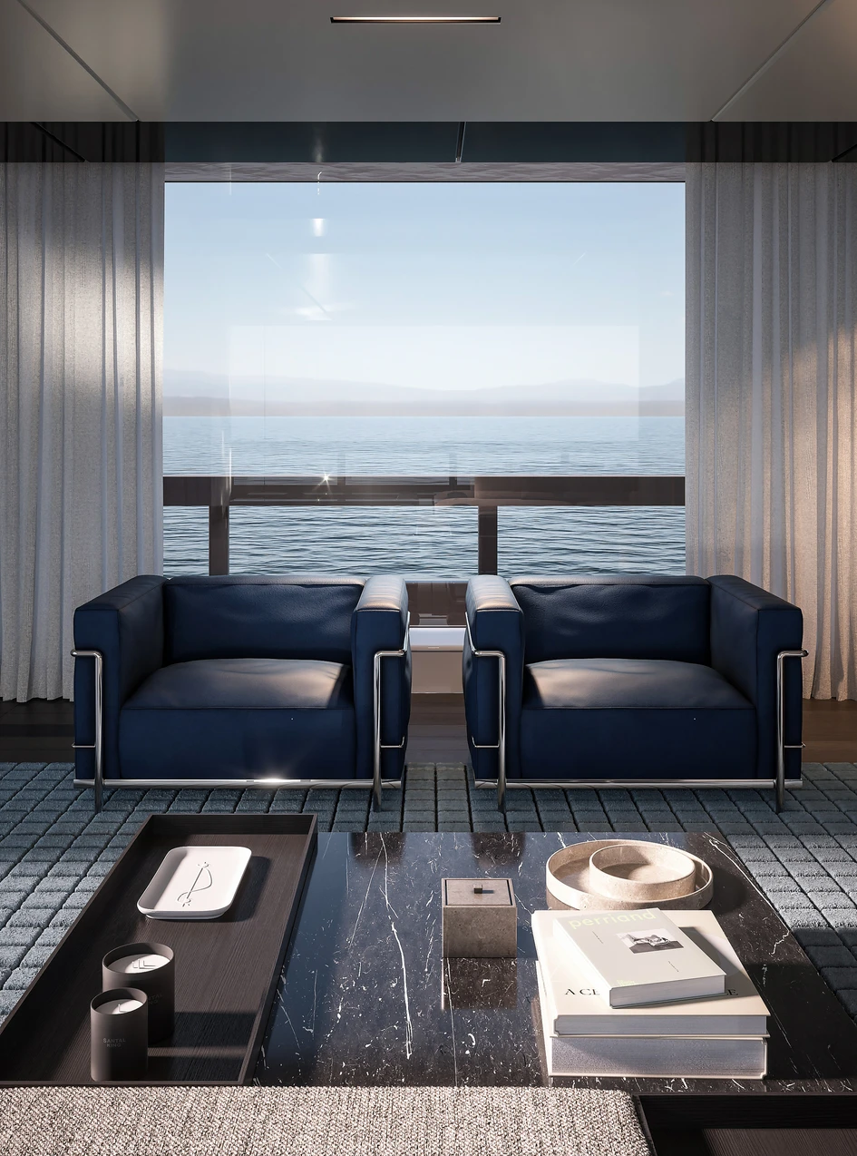 Design icons such as the Grand Confort armchairs add to the luxurious feel of the living spaces in Cassina’s Yachting Tales catalogue