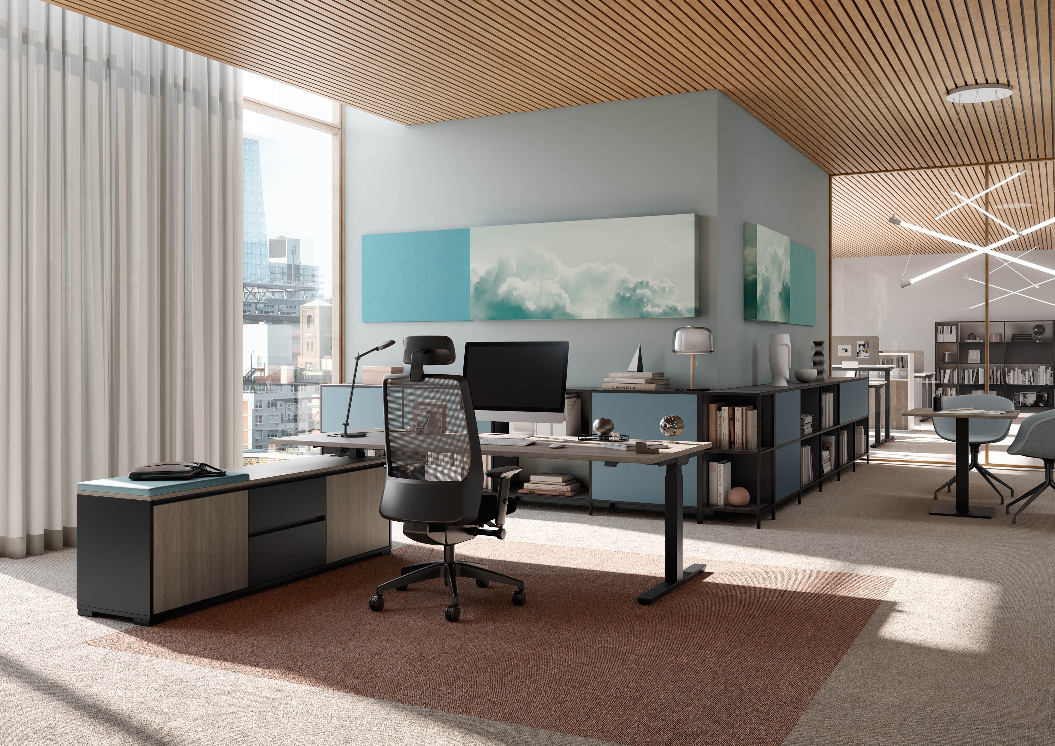 Whether in an old building or a new office, colour design, haptics, textiles and authentic surfaces create atmosphere. Timo Rieke recommends cooler tones in the workspace, for example, Candis Oak and Blueberry by Palmberg