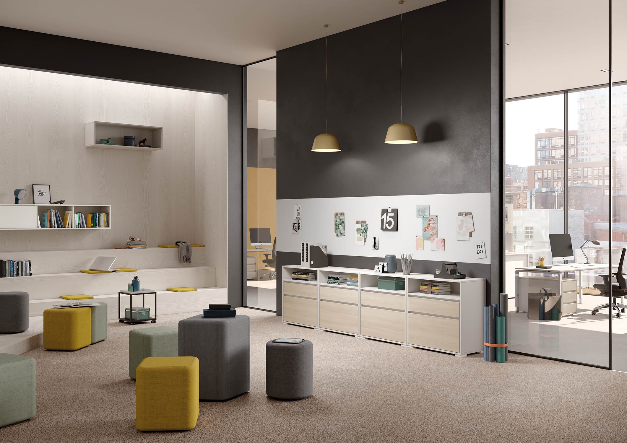 Bringing colour into an office does not always mean that it has to be colourful. Its discreet use can influence the perception of a working environment, for example, as harmonious, inspiring or lively