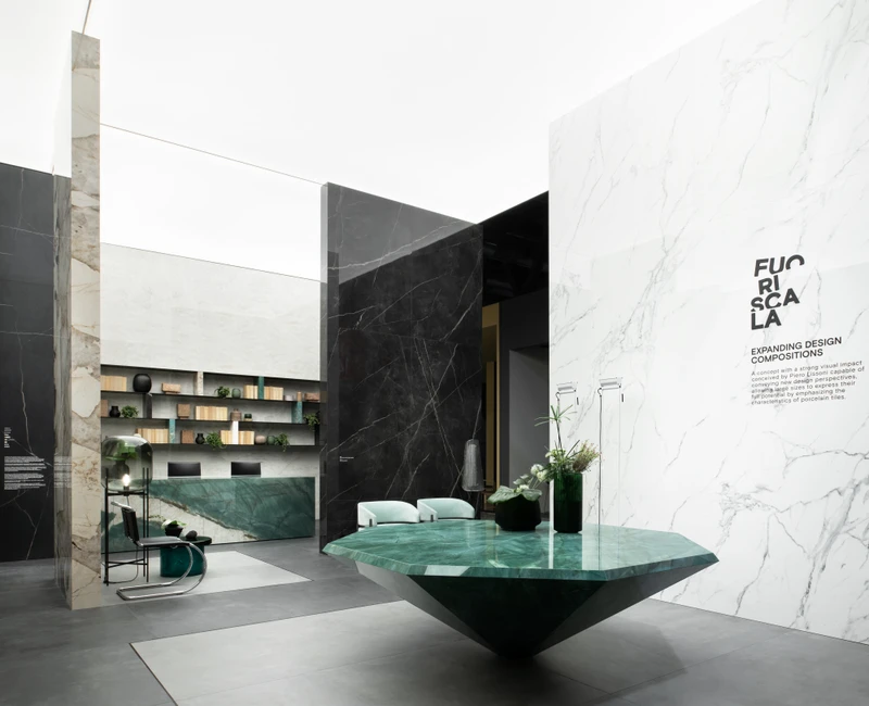 Atlas Concorde, specialist in ceramic tile excellence, displayed its ‘Fuoriscala’ stand at the Salone del Mobile 2023, showcasing large-format furnishing slabs