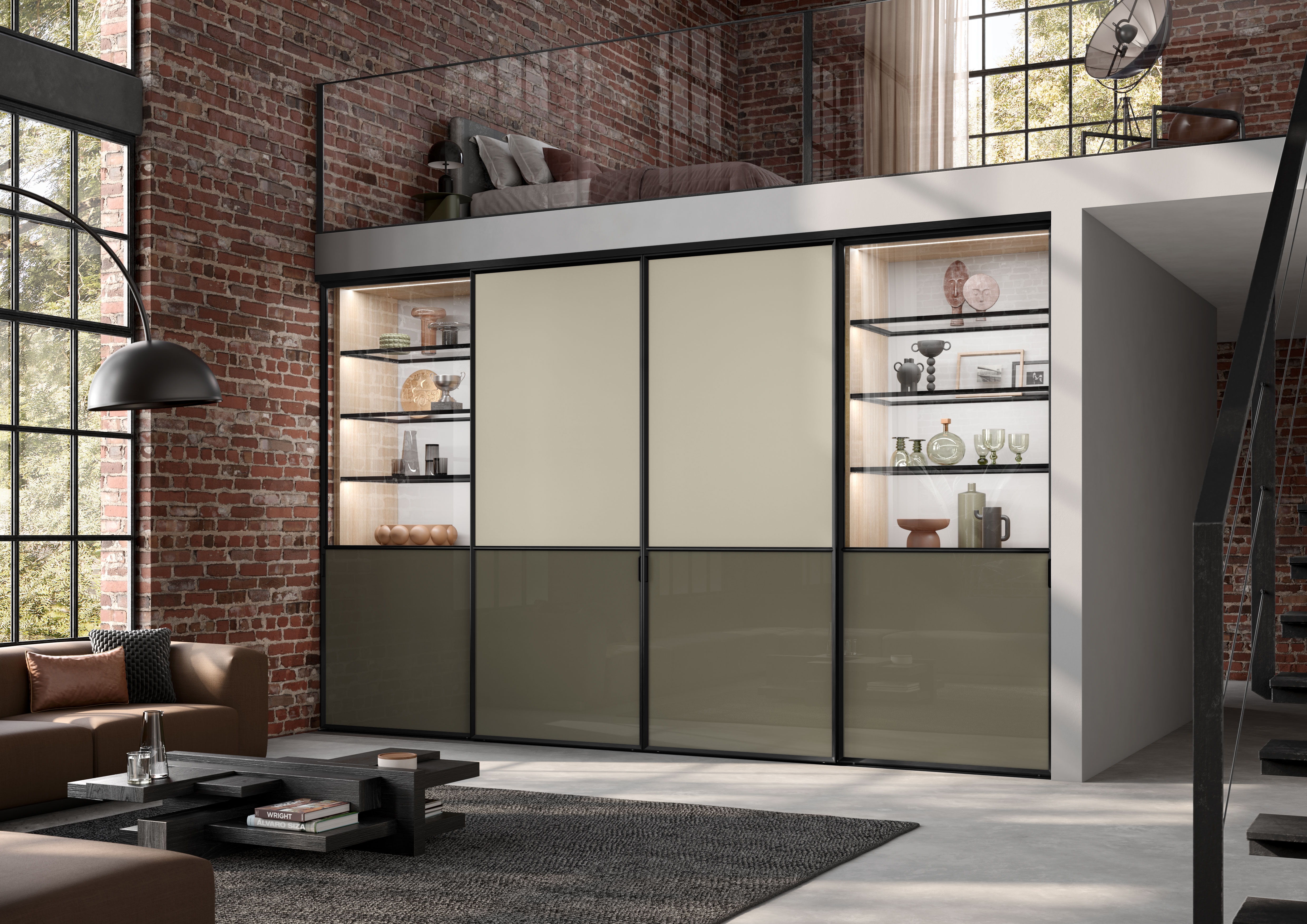 The application possibilities are manifold: from room divider to cabinet door, transparent or in colour and in materials such as wood, glass or mirror. Additionally, up to two infill-dividing horizontal rungs are possible