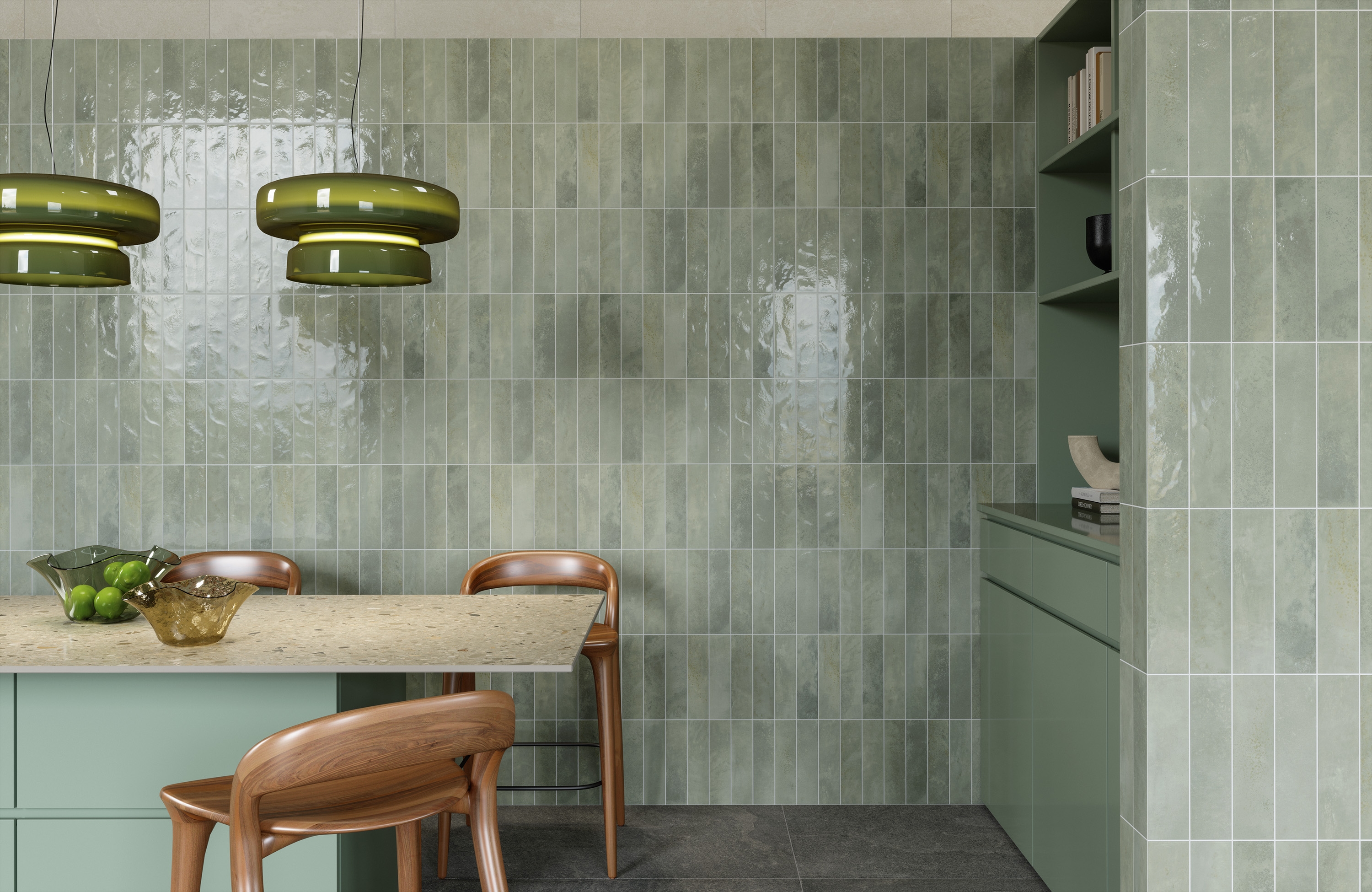 In this calming kitchen of complementary greens, Marca Corona’s Miniature Soda tiles in Verde Perla offer up subtle and textural shades of mint