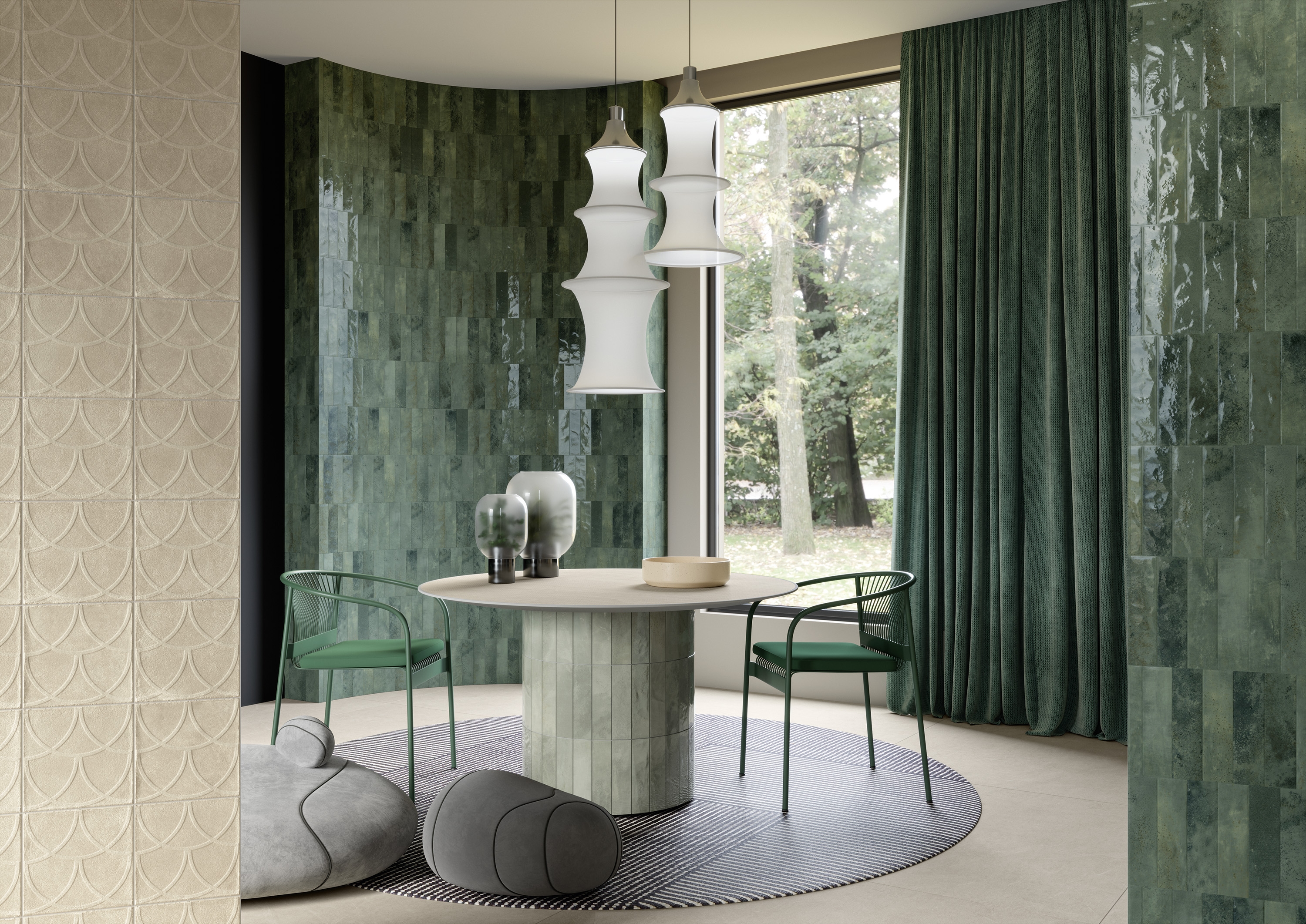 Crafted surfaces bring interest to minimalist and new build interiors; pictured here Miniature Cera in Blue Notte; Miniature Fornace in Argilla Naturale and Bianco Minerale; Miniature Soda in Verde Malva