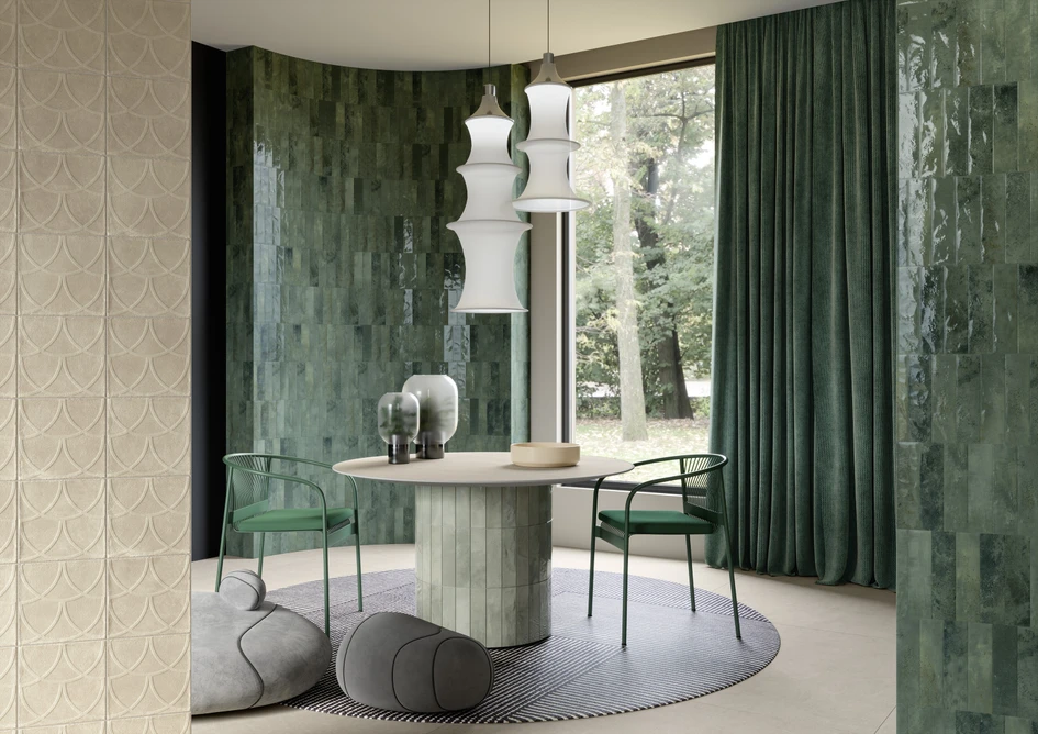 Crafted surfaces bring interest to minimalist and new build interiors; pictured here Miniature Cera in Blue Notte; Miniature Fornace in Argilla Naturale and Bianco Minerale; Miniature Soda in Verde Malva