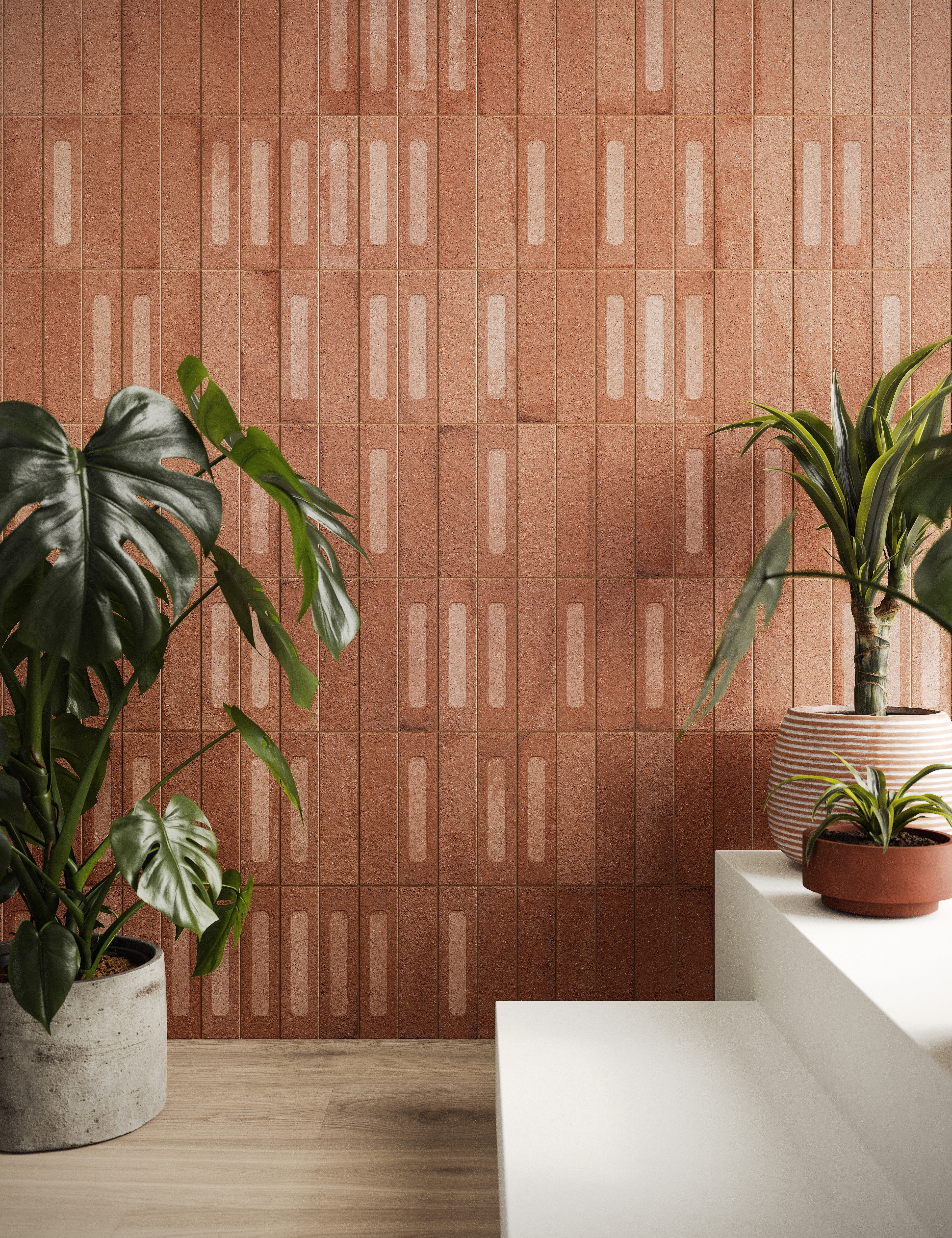 Wholesome and rhythmic, the warm hues and classic stamp of the Miniature Fornace tiles in the Rosso Mattone colour bring depth and texture to space
