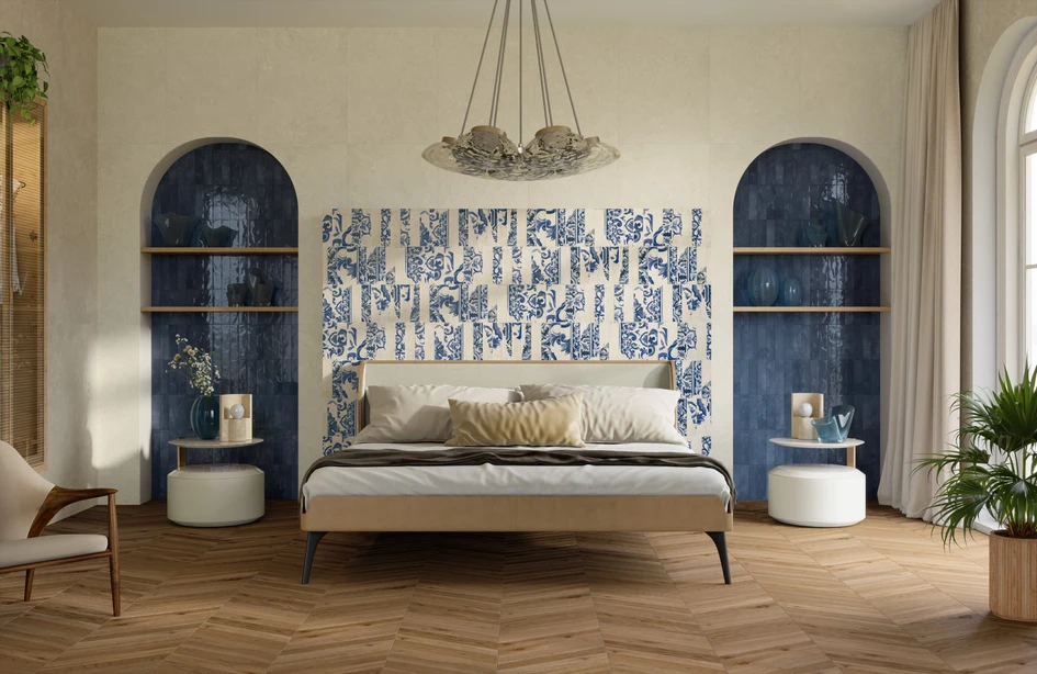 Marca Corona’s tiles offer practical and atmospheric surface coverings for hospitality interiors, from bars to bedrooms; above Miniature Cera in Amaranto Jam, below Miniature Fregio in Blu