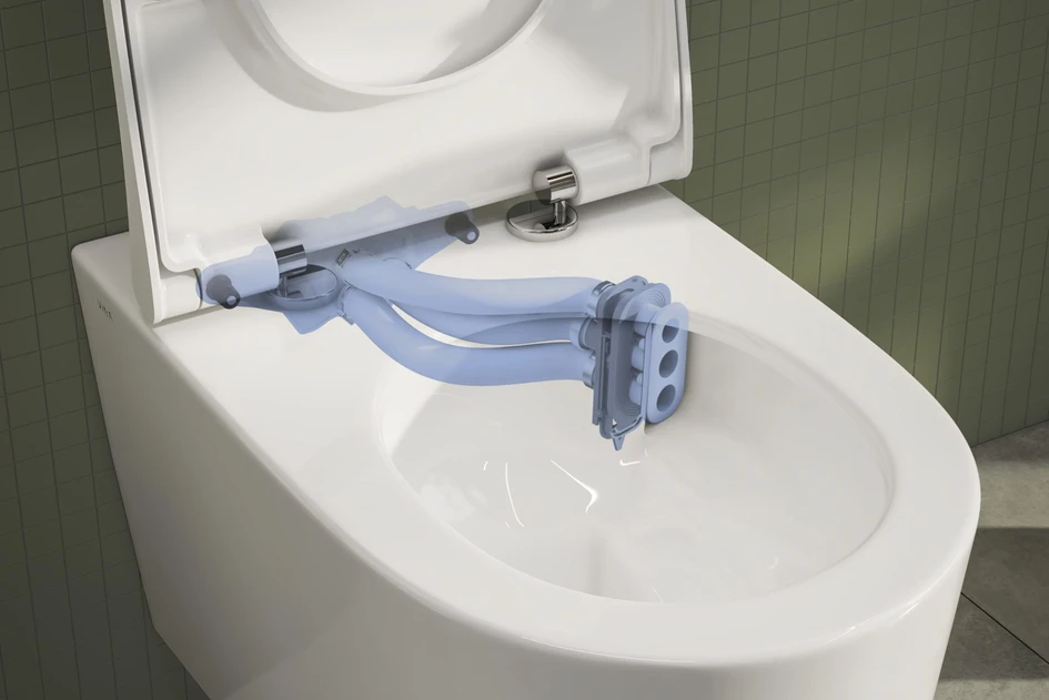 Villeroy & Boch’s Twistflush (top), Geberit’s Turboflush (middle) and VitrA’s Quantumflush (bottom) all use clever engineering to increase the vortex power of their flush