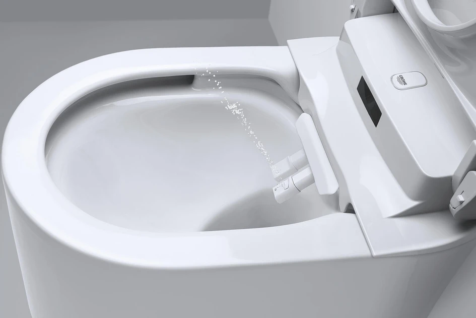 GROHE’s Sensia Arena smart toilet features dual-active spray arms, air drying and either a remote- or self-controlled inner light and soft-close seat with a proximity sensor