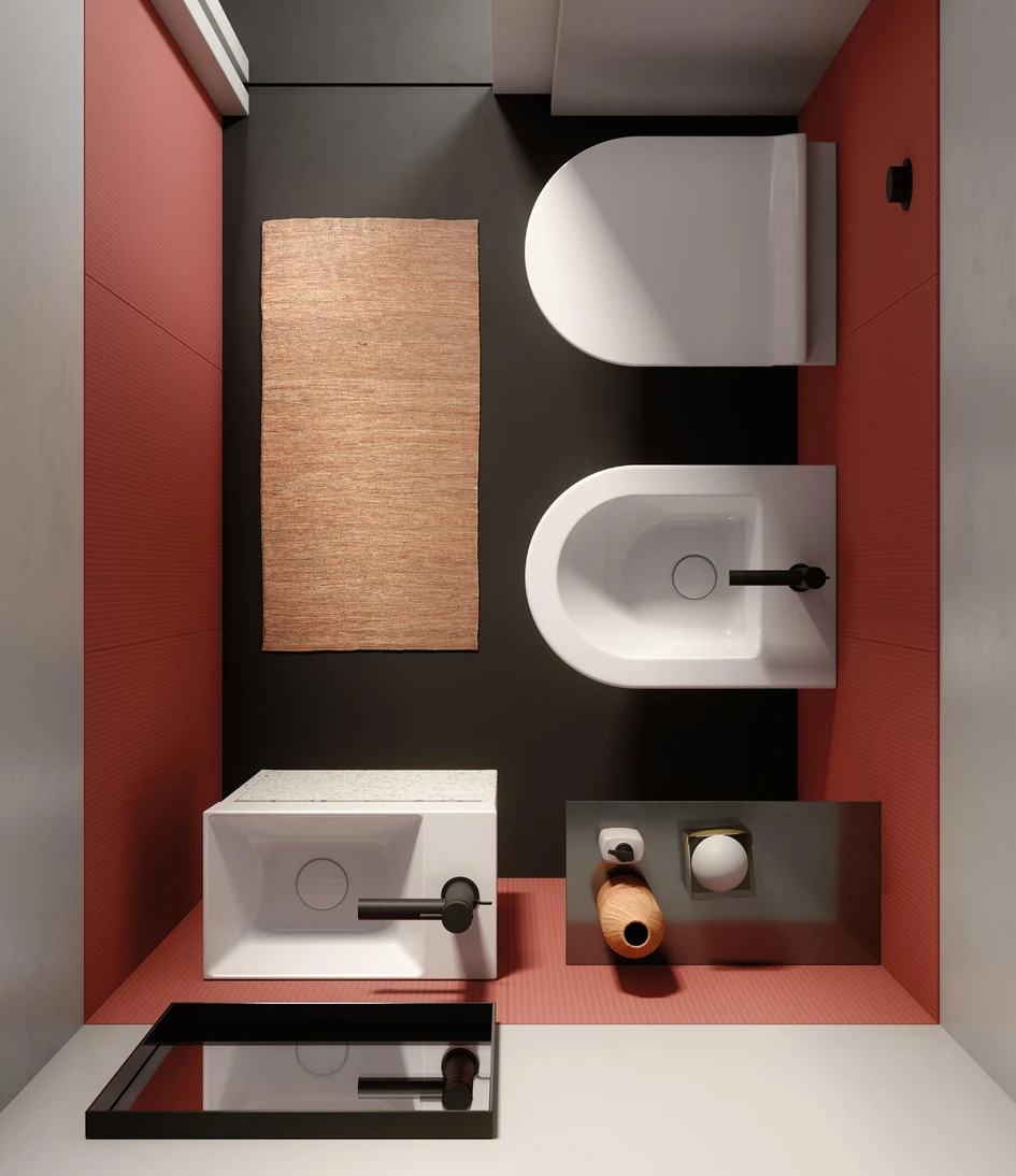 Wall-hung toilets such as the sculptural Callipyge (top) keep cleaning simple with obstacle-free floors (middle) and save space by keeping the cistern and supporting framework in the wall