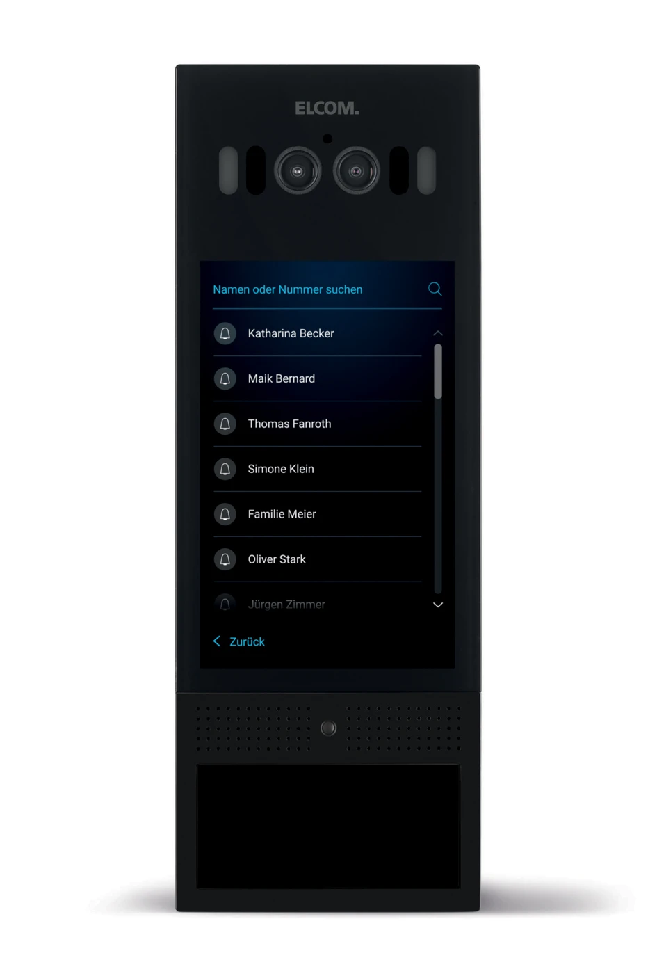 Besucher:innen finden den gewünschten Namen einfach auf dem aufgeräumten und intuitiven Touchdisplay