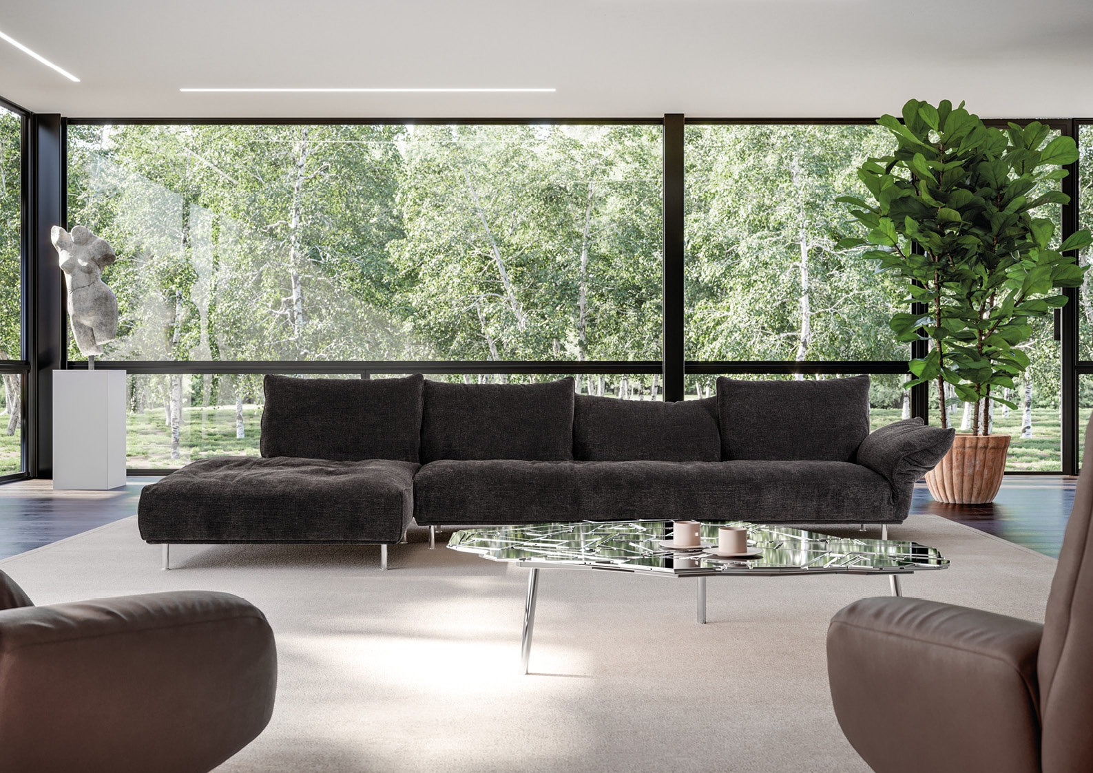 Elegantly incorporated into the design, the smart cushion can enable a variety of uses, from formal to informal, linear to angular. Pictured above, the Standard armrest, and below the Standalto sofa