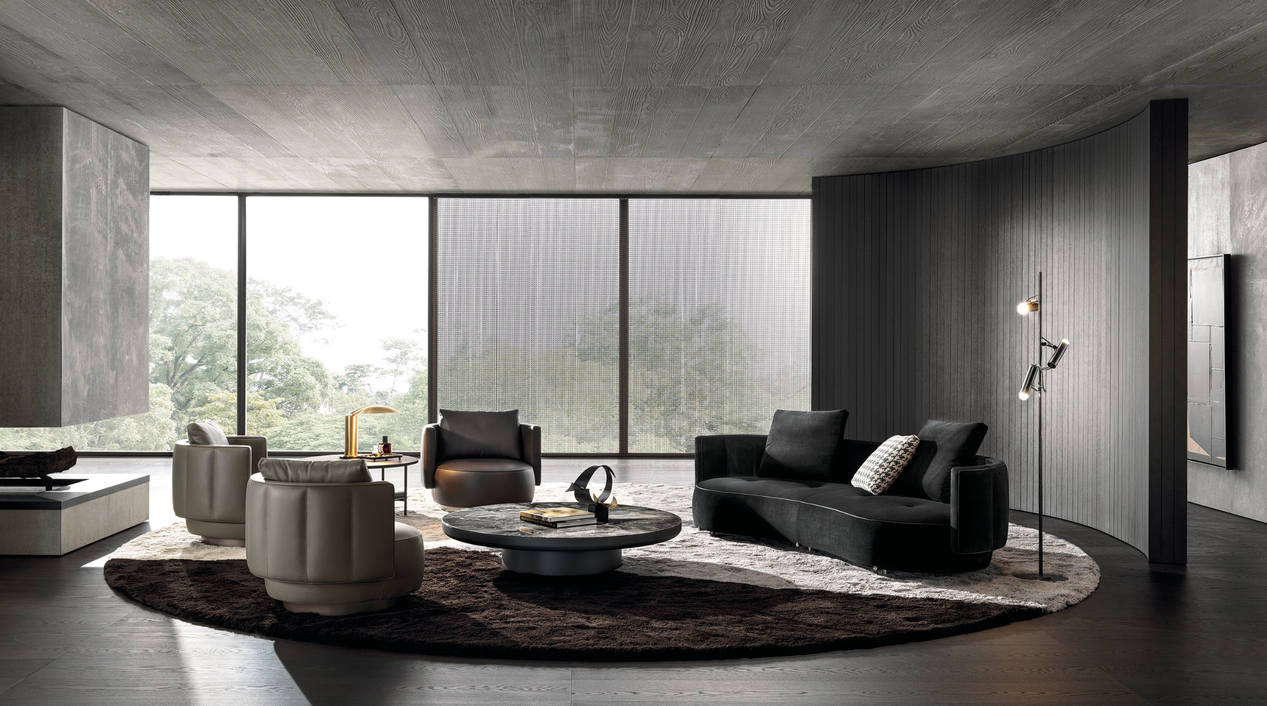The Raphael family of seats by GamFratesi, ideal for smaller domestic contexts (top), the Superblocks storage unit in its living-room variant (middle) and the Torii Bold family of seats by Nendo, featuring softly rounded volumes (bottom)