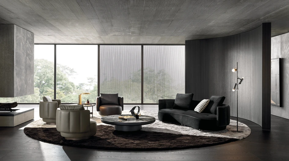 The Raphael family of seats by GamFratesi, ideal for smaller domestic contexts (top), the Superblocks storage unit in its living-room variant (middle) and the Torii Bold family of seats by Nendo, featuring softly rounded volumes (bottom)