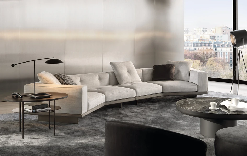 The airy and modern Dylan modular seating system by Rodolfo Dordoni for Minotti is contemporary with couturier details