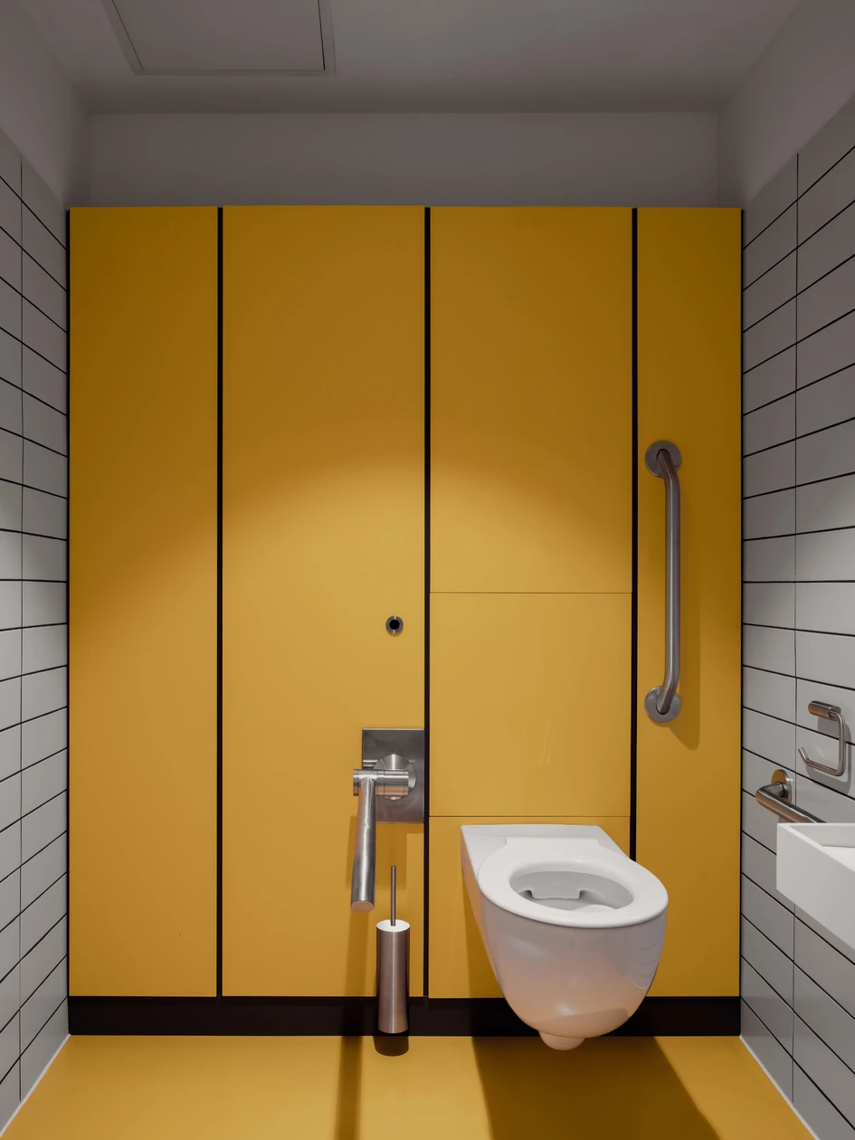 The Splash Lab helped Fletcher Crane Architects create this characterful washroom featuring products that echo the visual language of the converted industrial space