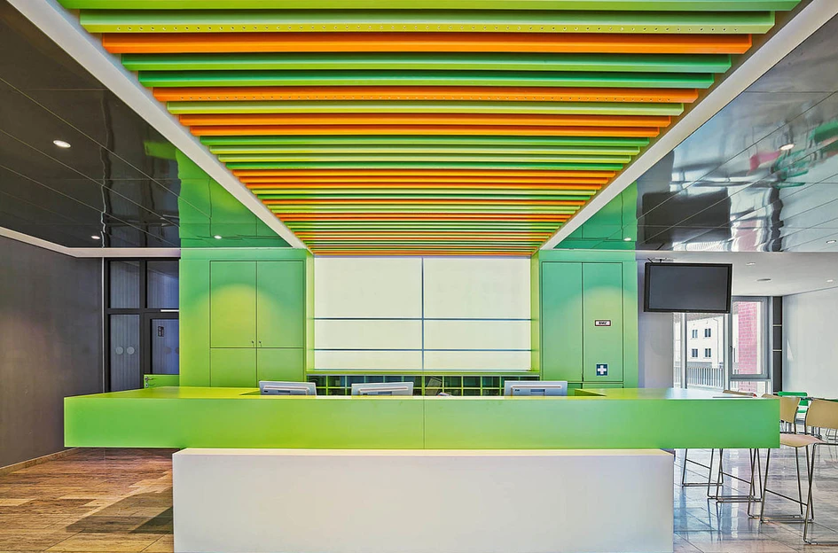 Rockfon's large (top) and extra long (middle) Universal Baffles suit high-ceilinged spaces and durlum's integrated Character Design Ceiling baffles (bottom) fit snugly into lower ceilings