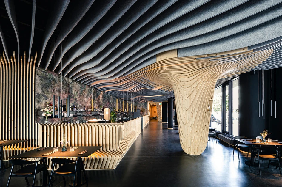 SPÄH designed acoustic’s straight-edged recycled greenPET baffles (top) and curve-edged Basotect baffles (middle), and Impact Acoustic’s customised Wave Ripple baffles become part of the furniture