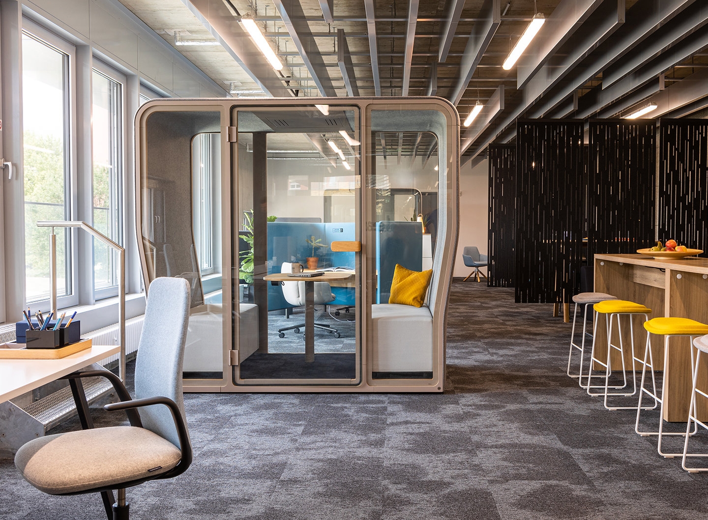 Neuro-diverse individuals might have sensitivity to light, colour or sound. It is important that flexibility is factored into an office design, with booths for quiet work and lighting options