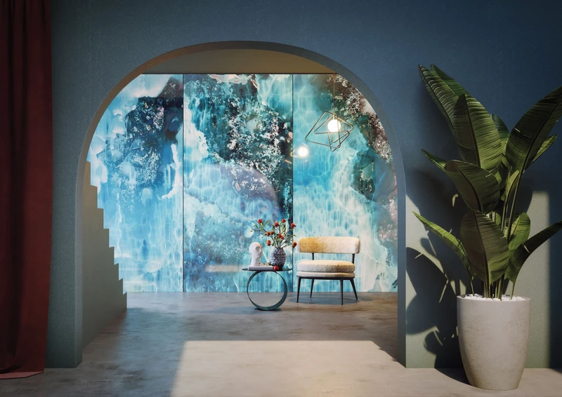 Maui Blue (above) from the Super Preziosi range and Antarctica (below) from the Gaia collection demonstrate the transformative architectural possibilities of Tecnografica’s high-resolution glass panels