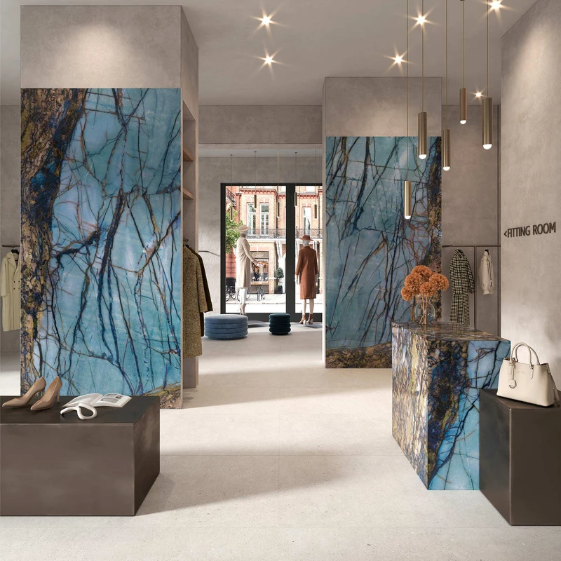 Tecnografica’s designers enhance the natural patterns and hues of mineral scans to achieve the intense effects of Super Preziosi's Rift (above) and Yalobi (below) panels