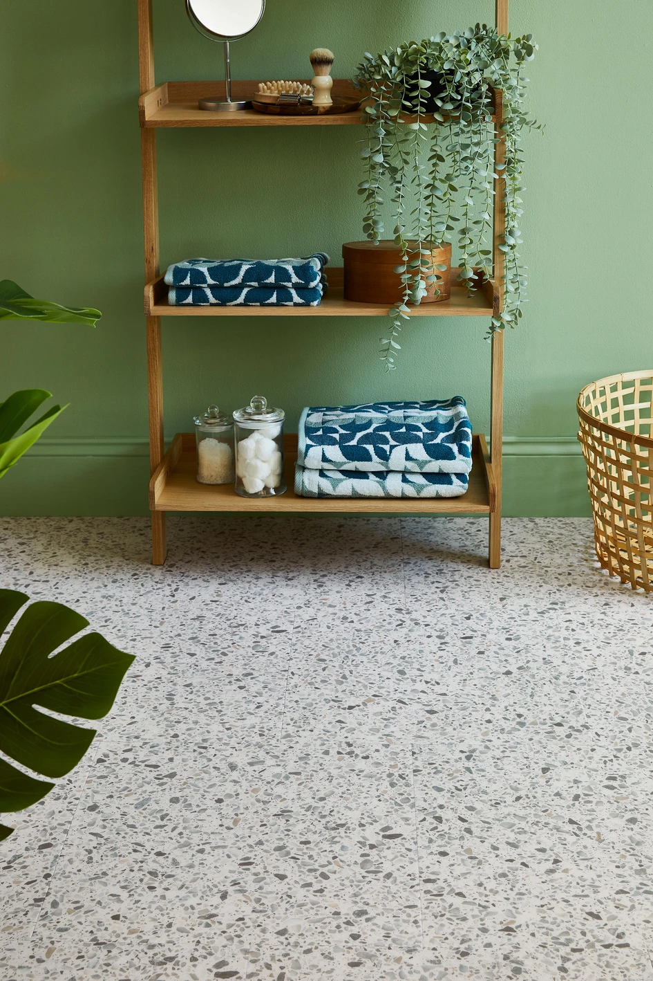 Wallpapers like Terrazzo Bleu from Isidore Leroy (top) and Terrazzo from WallPepper (middle) and imitation vinyl tiles like Spacia from Amtico (bottom) bring the pattern and colour of terrazzo without the difficulty