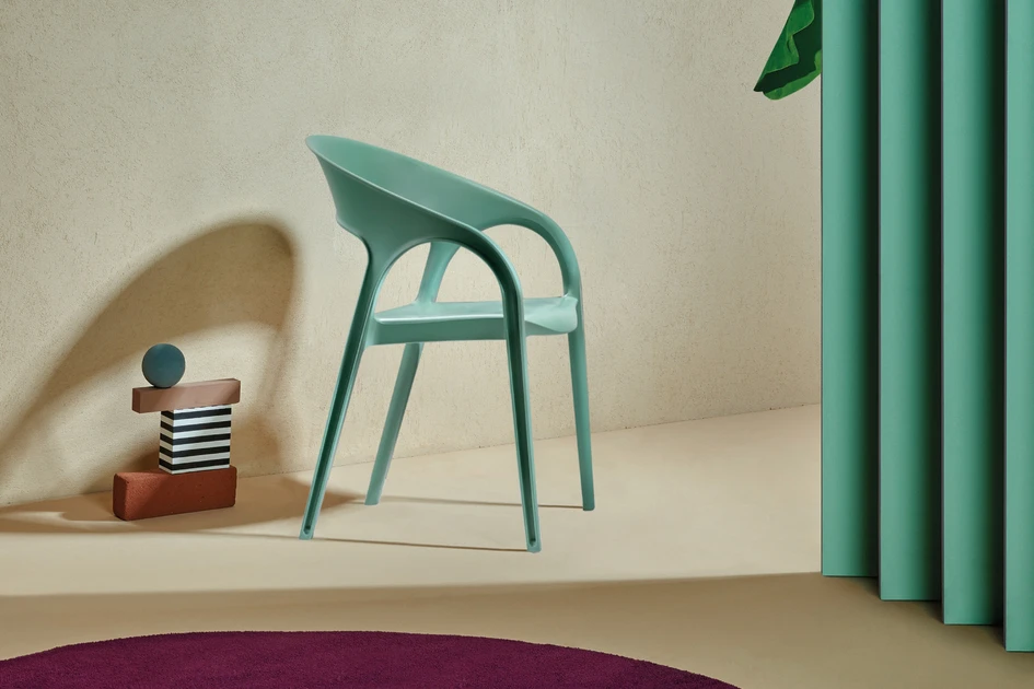 Using recycled and recyclable plastic allows Magis and Pedrali to make guilt-free use of the pliable material, forming light yet sturdy seating with the Bell chair (top, middle) and Gossip chair (bottom)