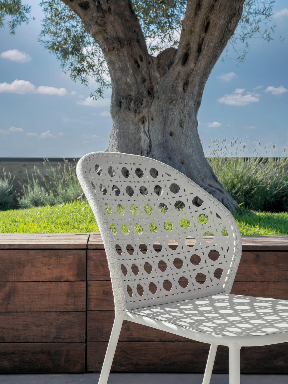 Using thin steel mesh (top) and their own Woodevolution composite material (middle, bottom), Fermob and Gervasoni’s Lorette and Brise chairs respectively create light, cooling and fast-drying frames