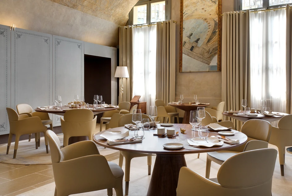 Jouin's renowned Ester armchair was originally designed for three-Michelin-starred Alain Ducasse at The Dorchester in London. Pictured here, Ester in the restaurant of Montpellier's Hotel Richer de Belleval (bottom). Photo: Jerôme Mondiere