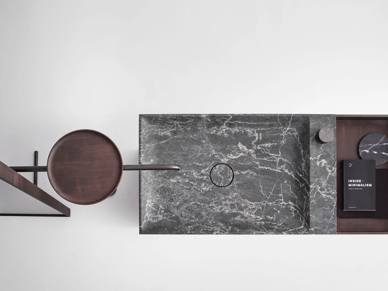 MA is a collection of minimal basins, storage, mirrors and freestanding faucets in wood, marble and blackened steel that invite unique textural compositions tailored to a space