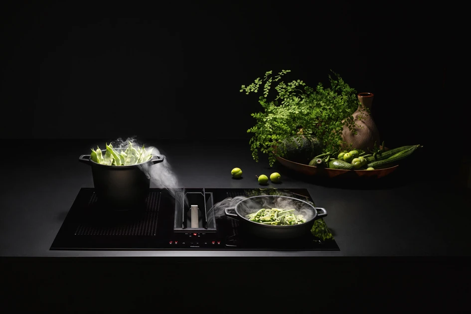 Electric ranges like BORA’s CK series (top) can put hobs, ventilation and grills in one sleek unit while efficient induction hobs like Brera (middle) and Quantum (bottom) from Falmec heat the pan, not the surface itself